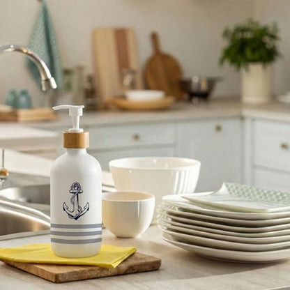 Nautical Soap Dispenser, Coastal Beach Glass Dish Soap Dispenser for Kitchen, Nautical Boat Anchor Ocean Refillable Handsoap Pump Bottle for Bathroom Countertop Kitchen - color: Nautical