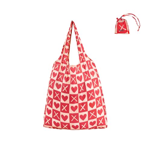 Stelle Lightweight Reusable Grocery Bag with Handles Ripstop Nylon Foldable Tote Shopping Bags for Travel and Groceries - color: Love Match