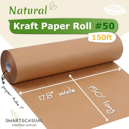 SMART&CASUAL 17.8"×1,800"(150') Brown Kraft Wrapping Paper for Craft Gift Bulletin Board Banner Bouquet Flower Table Covering Packing Shipping Moving 70GSM 50LB - color: Brown, size: 17.8" x 1800"