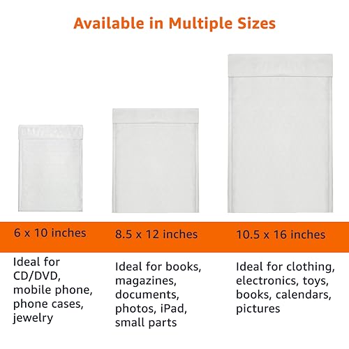 Amazon Basics Poly Bubble Self-Seal Mailers, Water-Resistant, Tear-Resistant, 10.5" x 16", White/Grey, 100-Pack - style: 10.5" x 16"