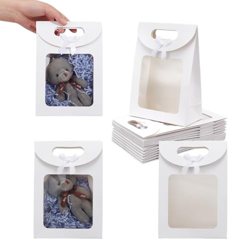 NBEADS 12 Pcs Kraft Paper Bags with Window, 2.8x5.51x7.68 Inch Stand Up Gift Bag with Handles Gift Bag with Clear Window for Candy Cookies Packaging Wedding Christmas Party Store Retail, White - color: White-12Pcs-l.w.h:5.51x2.8x7.7"