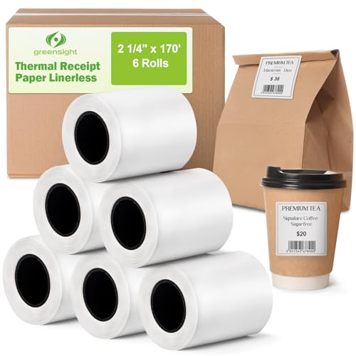 Sticky Thermal Receipt Paper 2 1/4" x 170', 6 Rolls, (58mm) Linerless Label - size: 6 Roll (2 1/4" x 170')