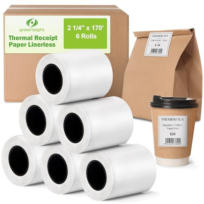 Sticky Thermal Receipt Paper 2 1/4" x 170', 6 Rolls, (58mm) Linerless Label - size: 6 Roll (2 1/4" x 170')