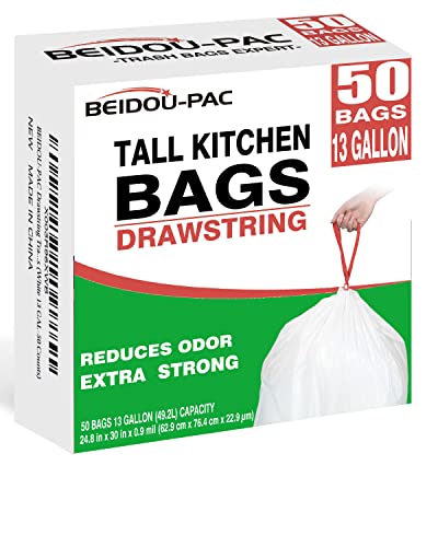 BEIDOU-PAC Trash Bags 13 Gallon Drawstring, 50 Count Garbage Bags, Tall Kitchen Trash Bags, Odorless & Extra Strength White Plastic Food Scrap Bag for Home Office Bathroom Kitchen Bins - style: 13 Gallon |50 Count