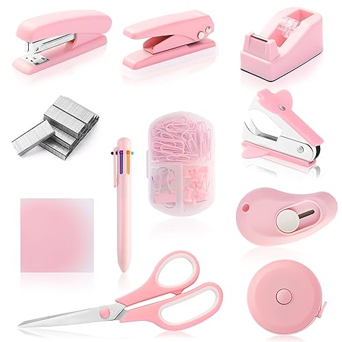 Pink Desk Accessory Kit Cute Office Supplies Set Desktop Stapler Set Includes Staple Remover Hole Punch Tape Dispenser Ballpoint Pen Scissor Mini Box Cutter Tape Measure Paper Clips Sticky Notes - color: Pink