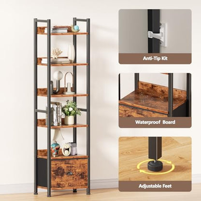 Furologee 6 Tier Bookshelf with Drawer, Tall Narrow Bookcase, Rustic Brown - color: Rustic Brown, size: 6 Tier
