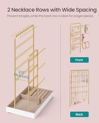 SONGMICS Jewelry Holder, Display Stand, Metal Frame, Velvet Tray - color: Pale Gold, size: 5.5"D x 9.4"W x 14.1"H