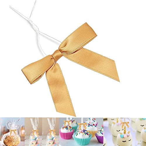 50 Pieces 3 inch Satin Ribbon Twist Tie Bows, Gold Pretied Bows with Twist Ties Bow Treats Bags, Bow Ties for Treats, Cake Pops, Baby Shower, Crafts, Gift Wrapping Favors, Cookies - color: Gold, size: 50 Pack