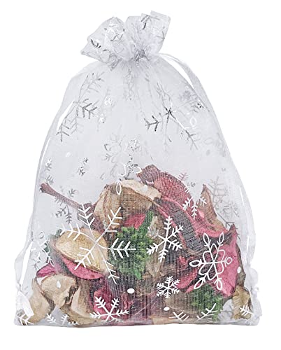 Jexila 100PCS Christmas Organza Gift Bags 4X6 inches Small Christmas Drawstring Candy Goodie Treat Bags for Kids Classroom Xmas Holiday Party Favor - color: White Snowflake 4X6