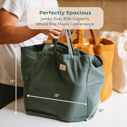 Nook Theory 3-Pack Reusable Grocery Bags - Heavy Duty, Large 12 Oz Cotton Canvas Reusable Shopping Bags With Pockets, 100% Cotton Cloth Grocery Totes, Foldable Multi Compartment (Caramel) - color: Caramel