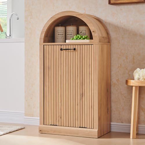 IFGET Arched Tilt-Out Trash Can Cabinet, Fluted 10 Gallon Trash Can with Open Shelf, Modern Laundry Hamper Cabinet, Hidden Garbage Can with Storage Basket for Kitchen, Living Room, Narural - color: Natural