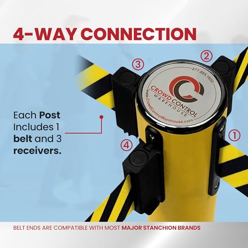 Crowd Control Warehouse 2-Pack Retractable Belt Stanchion Barriers, 11 Ft - color: Black/Yellow Belt, Yellow Post