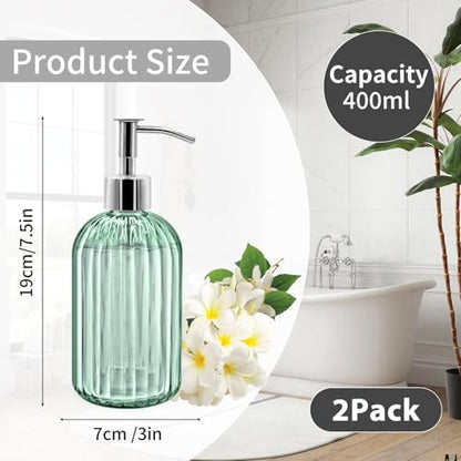 2 Pack Glass Soap Dispenser Bottle with Pump, 14 Oz Refillable Liquid Hand Jar Dispenser for Bathroom, Countertop, Kitchen, Laundry Room (Light Green) - color: Light Green