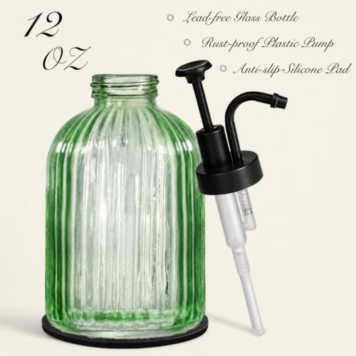 SheeChung 12oz Green Glass Liquid Soap Dispenser, Black Pump,Striped,1 Pack - color: Green, Black Pump, 1pc
