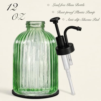 SheeChung 12oz Green Glass Liquid Soap Dispenser, Black Pump,Striped,2 Pack - color: Green, Black Pump, 2pcs