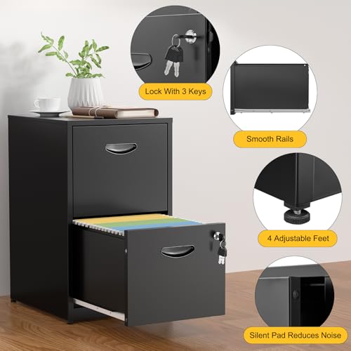 SteeLoong 2 Drawer File Cabinets,Metal Office File Cabinet with Lock,Black - color: Black, style: 2 Drawer Light Duty