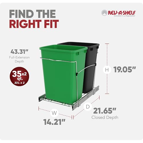 Rev-A-Shelf Double Pullout Garbage Trash Cans for Kitchen Cabinets, 35 Qt - color: Black & Green