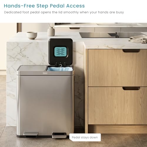 Home Zone Living 16 Gallon Kitchen Trash Can with Dual Compartments - color: Silver, size: 16 Gallon