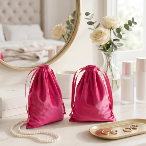 25 Pcs Velvet Drawstring Bags 5 x 7 Inch, Hot Pink Soft Velvet Pouches - color: Hot Pink