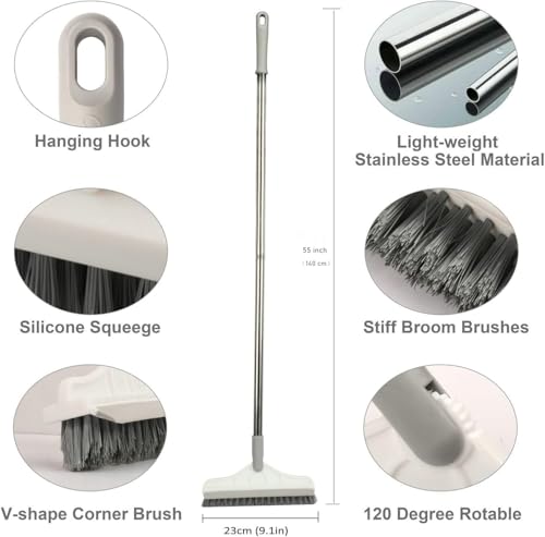 2 in 1 Floor Brush Scrubber with Long Handle Grout Brush 3 Poles 53.5'' New Upgrade Stiff Bristle Cleaning Scrub Brush with Squeegee 120°Rotating Tile Brush for Cleaning Bathroom Glass Patio Kitchen - color: White