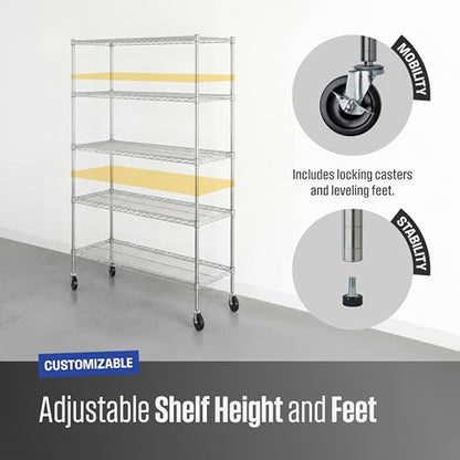 SafeRacks NSF 5-Tier Heavy Duty Wire Shelving Unit w/Wheels, 18"x48"x72" - color: Silver, size: 18"x48"x72" 5-Tier