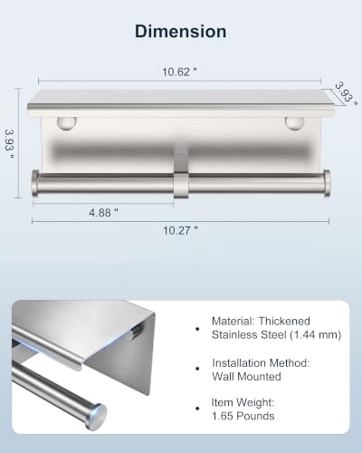 Double Toilet Paper Holder with Shelf Brushed Nickel Tissue Roll Holder - color: Brushed Nickel