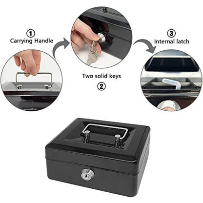 Steel Cash Box with Key Lock, Metal Small Money Organizer with Money Tray,Cash Storage Box with Lockable Cover (Black - 10 inch) - color: Black - 9.8" x 7.8" x 3.3"