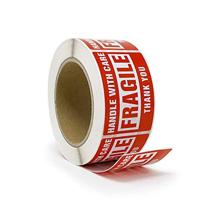 Buhbo Handle with Care Warning Labels, Fragile, Red, 2 x 3 in, 500 Count