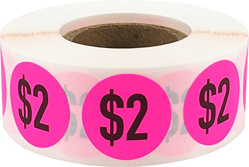 $2 Price Stickers Fluorescent Pink .75 Inch Round Circle Dots 500 Total Adhesive Stickers - color: $2