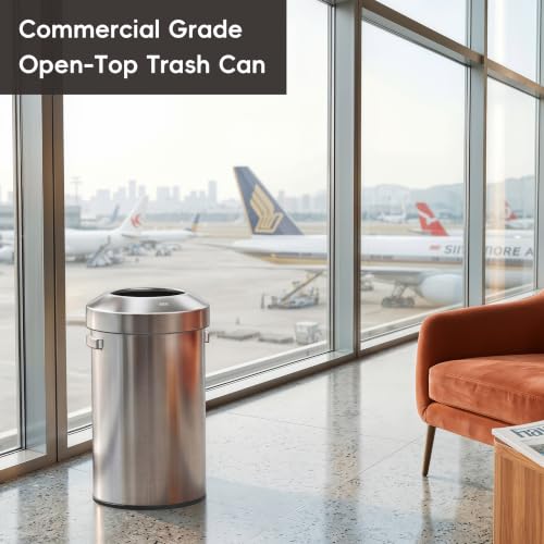 EKO 16-Gallon Round Stainless Steel Open Top Trash Can, Large Commercial Waste Bin with Detachable Lid and Carrying Handle, Brushed Metal Garbage Bin for Home, Office, Restaurant, Restroom - color: Stainless Steel, size: 60 Liter, Round
