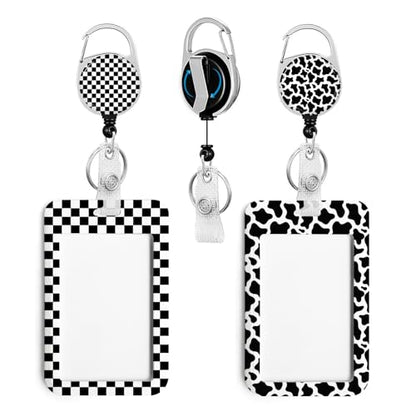2 Pack Black and White Checkered&Cow ID Badge Holder with Clip Badge Reels - color: 2 Pack-checkered&cow