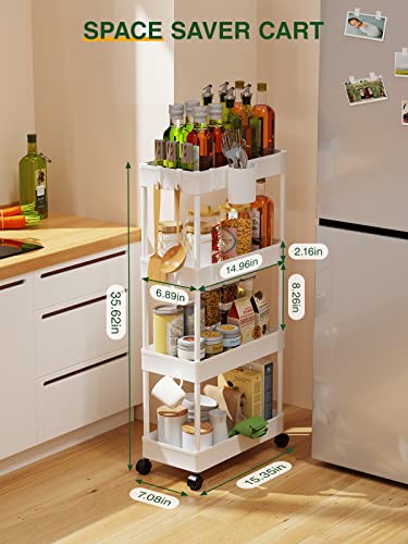 LEHOM Slim Rolling Storage Cart - 4 Tiers Bathroom Organizer Utility Cart - color: Pear White