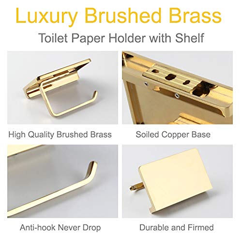 Linkaa Gold Toilet Paper Holder with Shelf,Wall Mount Toilet Tissue Holder - color: Brushed Brass