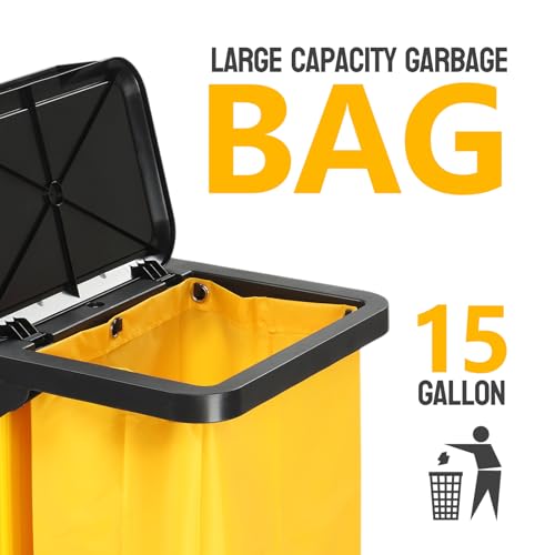 TUFFIOM Janitorial Cart with Key-Locking Cabinet, 3-Shelf Commercial Cleaning Cart, Housekeeping Caddy with Locker,Wheeled with Yellow Vinyl Bag, Black, Great for Hotel, Stores, Schools, and Business - color: Black