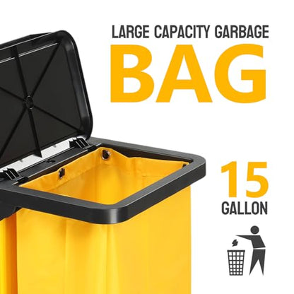 TUFFIOM Janitorial Cart with Key-Locking Cabinet, 3-Shelf Commercial Cleaning Cart, Housekeeping Caddy with Locker,Wheeled with Yellow Vinyl Bag, Black, Great for Hotel, Stores, Schools, and Business - color: Black