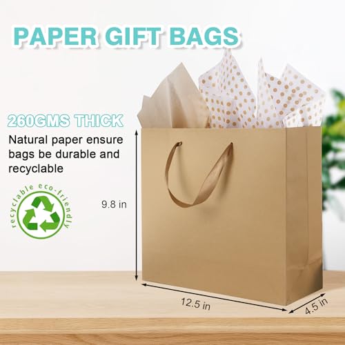 Plauthus 12.5" Brown Gift Bags, 4-Pack with Tissue Paper and Ribbon - color: brown-4-lager