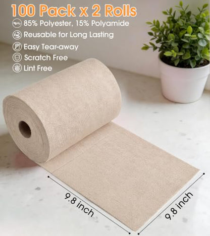 KitchLife Microfiber Cleaning Cloth Roll, 200 Pack - Tear-Away Microfiber Paper Towels, Lint-Free, Reusable, Washable for Kitchen, Car, Dishes, and Sensitive Surfaces (Sand Beige) - color: Sand Beige, size: 100 Pack x 2