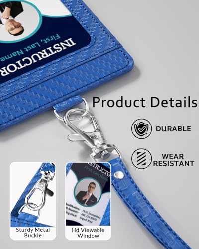Carbon Fiber Work ID Card Holder with Lanyard, Blue - color: Blue