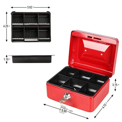 Cash Box with Money Tray, Parrency Small Money Box with Key Lock, 6" x 4 4/5" x 3", Red - color: Red, size: Small（5.9")