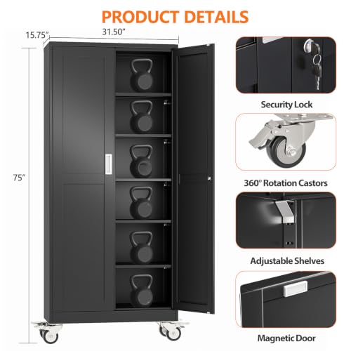pozdeg 75" Black Lockable Rolling Metal Garage Storage Cabinet - color: Black, size: 15.75"D x 31.5"W x 75"H