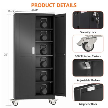 pozdeg 75" Black Lockable Rolling Metal Garage Storage Cabinet - color: Black, size: 15.75"D x 31.5"W x 75"H