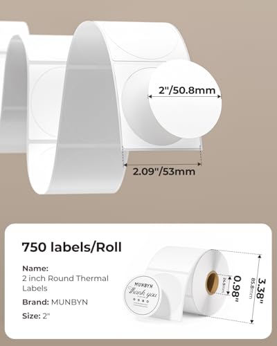 MUNBYN 2 Inch Circle Thermal Labels for Business, 750 Sheets/1 Roll - color: White, size: 2inch