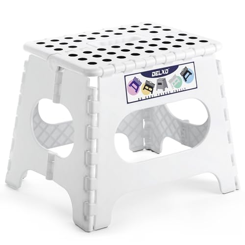 Delxo Folding Step Stool,11 Inch Non-Slip Foldable Step Stools for Kids and Adults,Portable Foldable Step Stool Lightweight Small Folding Stool with Handle for Kitchen Bathroom in White,1 Pack - color: White, size: 11 Inch
