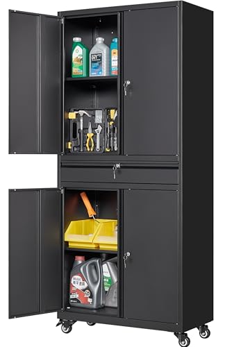 Metal Garage Storage Cabinet with Wheels and Drawer,73" Tall Black Rolling Garage Cabinet with Locking Doors and Adjustable Shelves,Mobile Metal Storage Cabinets on Wheels for Home,Office,Garages,Tool - color: Black, size: 73"H x 31.5"W x 16"D