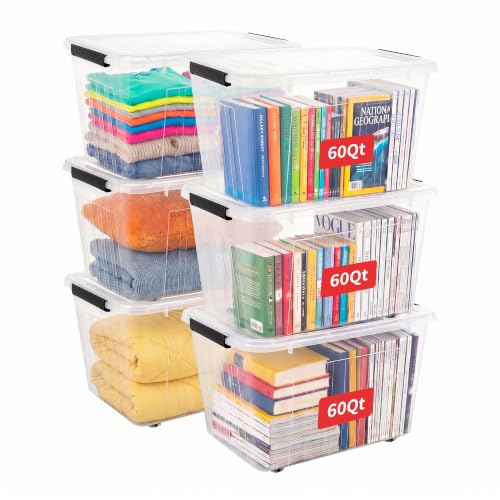 Cetomo 60qt Plastic Storage Bin with Wheels, Stackable Storage Bins with Lid, Organizer, Container for Home, Office, Drom, PP, BFA-Free, Nestable, Clear, 60Quart (6 Pack) - size: 60Qt*6