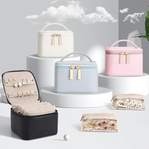 DesignSter Small Jewelry Box, Travel Small Jewelry Organizer with Earring Tray and Ring Holder,Square Travel Jewelry Storage Case with 6 Velvet Jewelry Pouches, Pink - color: Pink