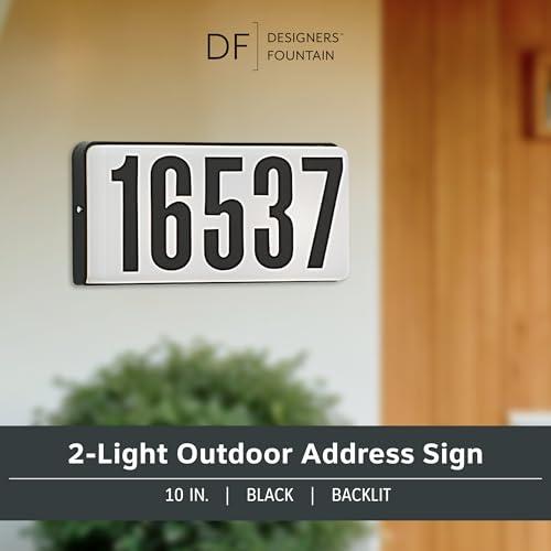 Designers Fountain Lighted House Number Sign, 2-Light Outdoor Home Address Plaque, 10 Inch, Black, 31310-BK