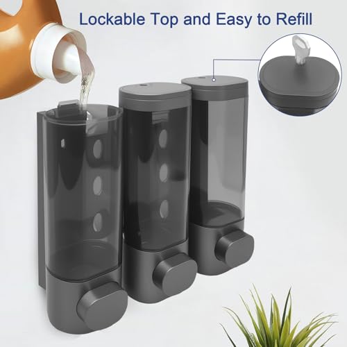 3-Chamber Wall Mount Shower Dispenser, No-Drill or Drill Install for Shampoo, Conditioner, Body Wash, Refillable Soap Dispenser for Home, RV & Hotel, Eco-Friendly & Compact (Gunmetal Gray) - color: Gunmetal Gray