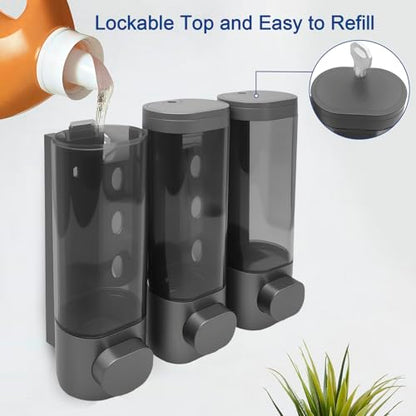 3-Chamber Wall Mount Shower Dispenser, No-Drill or Drill Install for Shampoo, Conditioner, Body Wash, Refillable Soap Dispenser for Home, RV & Hotel, Eco-Friendly & Compact (Gunmetal Gray) - color: Gunmetal Gray