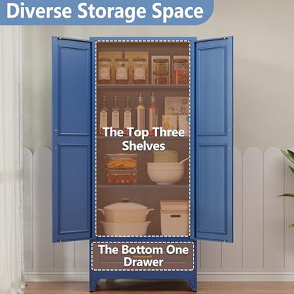Polup 75" Metal Storage Cabinet, Tall Kitchen Pantry Cabinet with 1 Drawer - color: Blue, size: 75"H - 1 Drawer